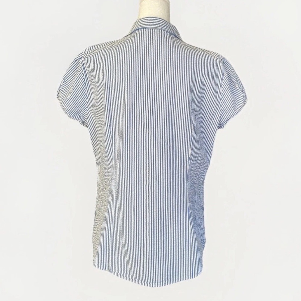 LL Bean Seersucker Shirt Medium Women Popover Striped Blue - Picture 2 of 11